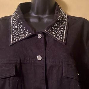 Rhinestone rodeo cowgirl hand embroidered black denim cotton jacket 2X (20/22)
